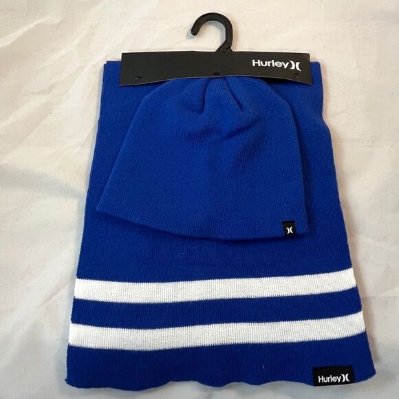 Hurley Hat & Scarf Set Blue White Stripes Beanie Unisex Casual - Picture 1 of 5